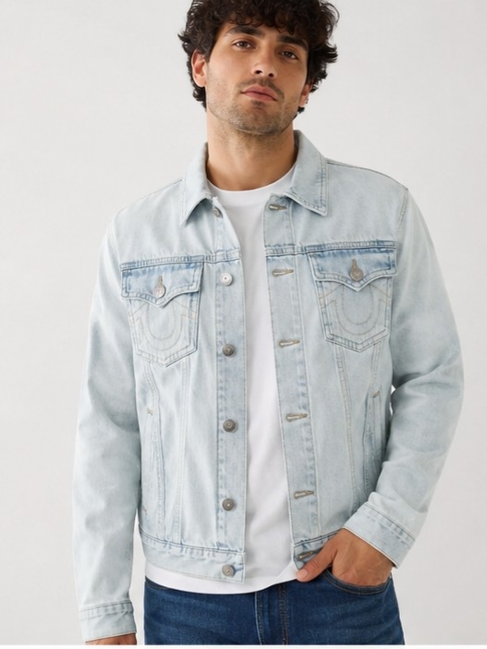 True Religion Jesse SN Denim Trucker Jacket Men's Large L Light Wash Blue Button